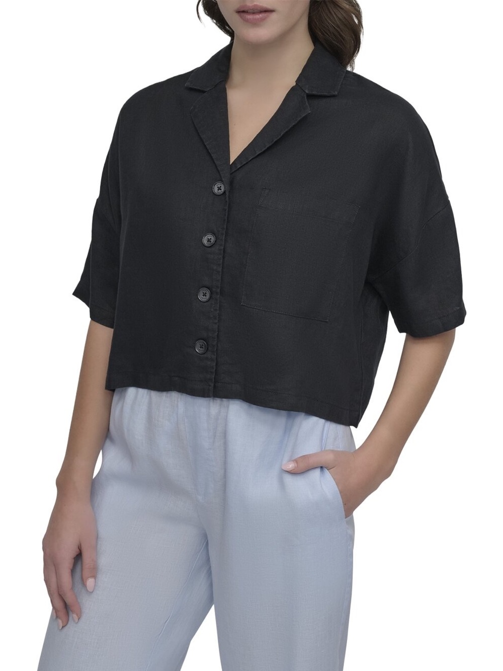 DKNY cropped oversized boxy linen button down black camp shirt L minimalist